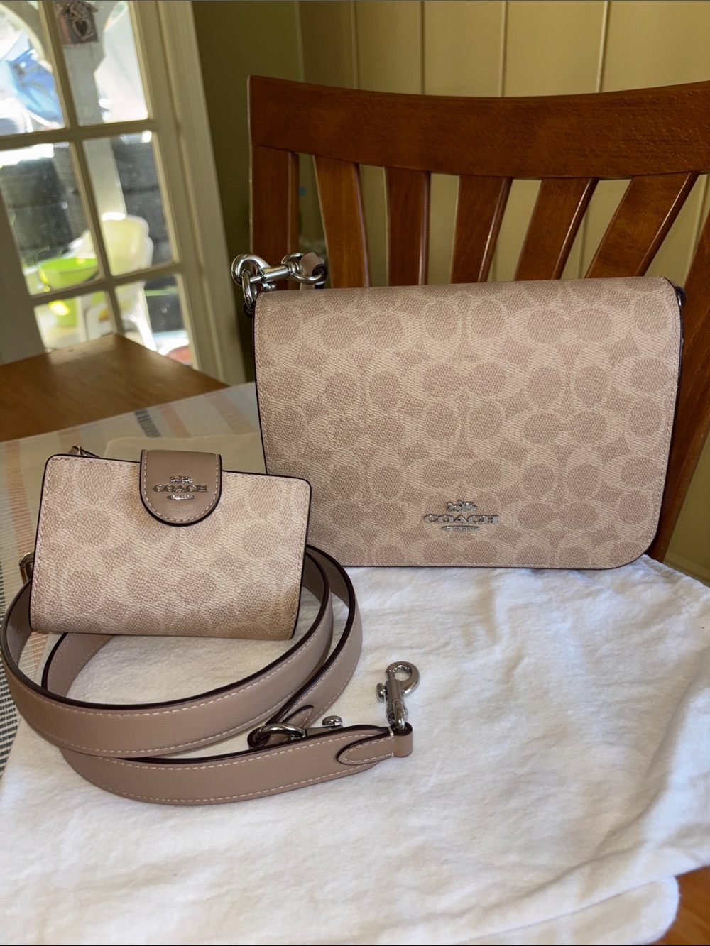 Coach Quinn Signature Monogram Crossbody with Matching Wallet Sand Taupe